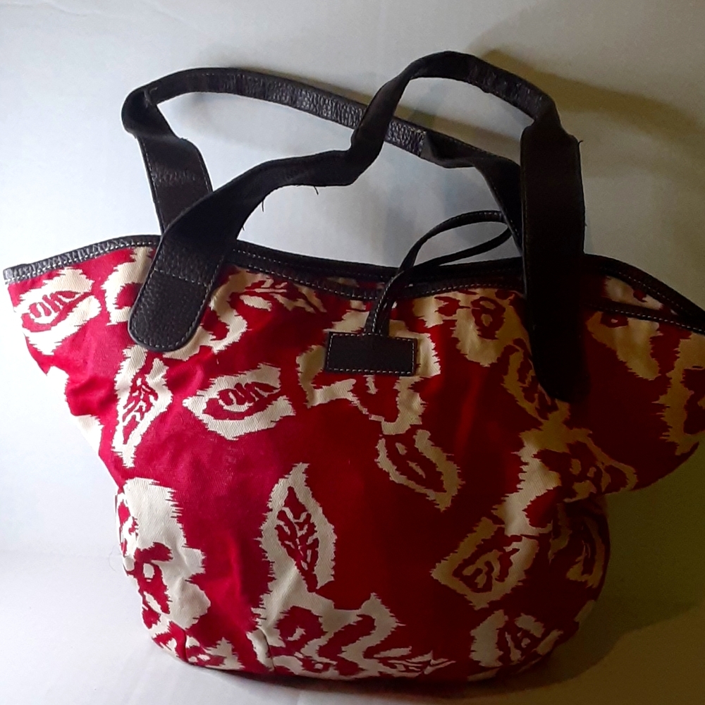 Red and natural tote bag